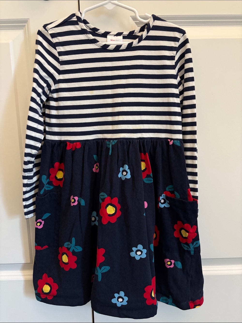 Hanna Andersson Navy White Striped Top Floral Pocket Dress